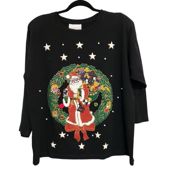 Vintage Painted Santa Wreath Stars Crewneck 3/4 Sleeve Top One Size M/L - Picture 1 of 4